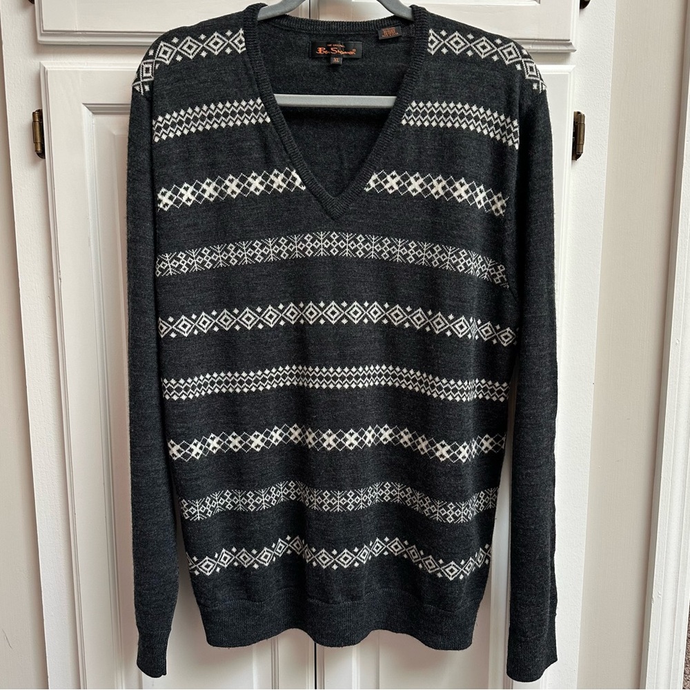 Ben Sherman Men’s 100% Wool V-Neck Fair Isle Sweater Charcoal Gray Size XL